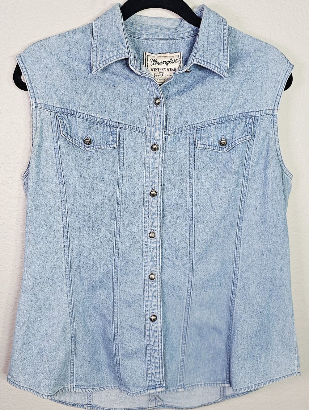 Wrangler Western Wear Sleeveless Denim Shirt XL Light Wash Y2K Cowgirl
